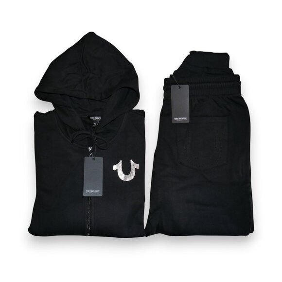 True Religion Men's 2 PC Sweatsuit Fleece Tracksuit Matching Outfit Black NWT - Picture 12 of 13